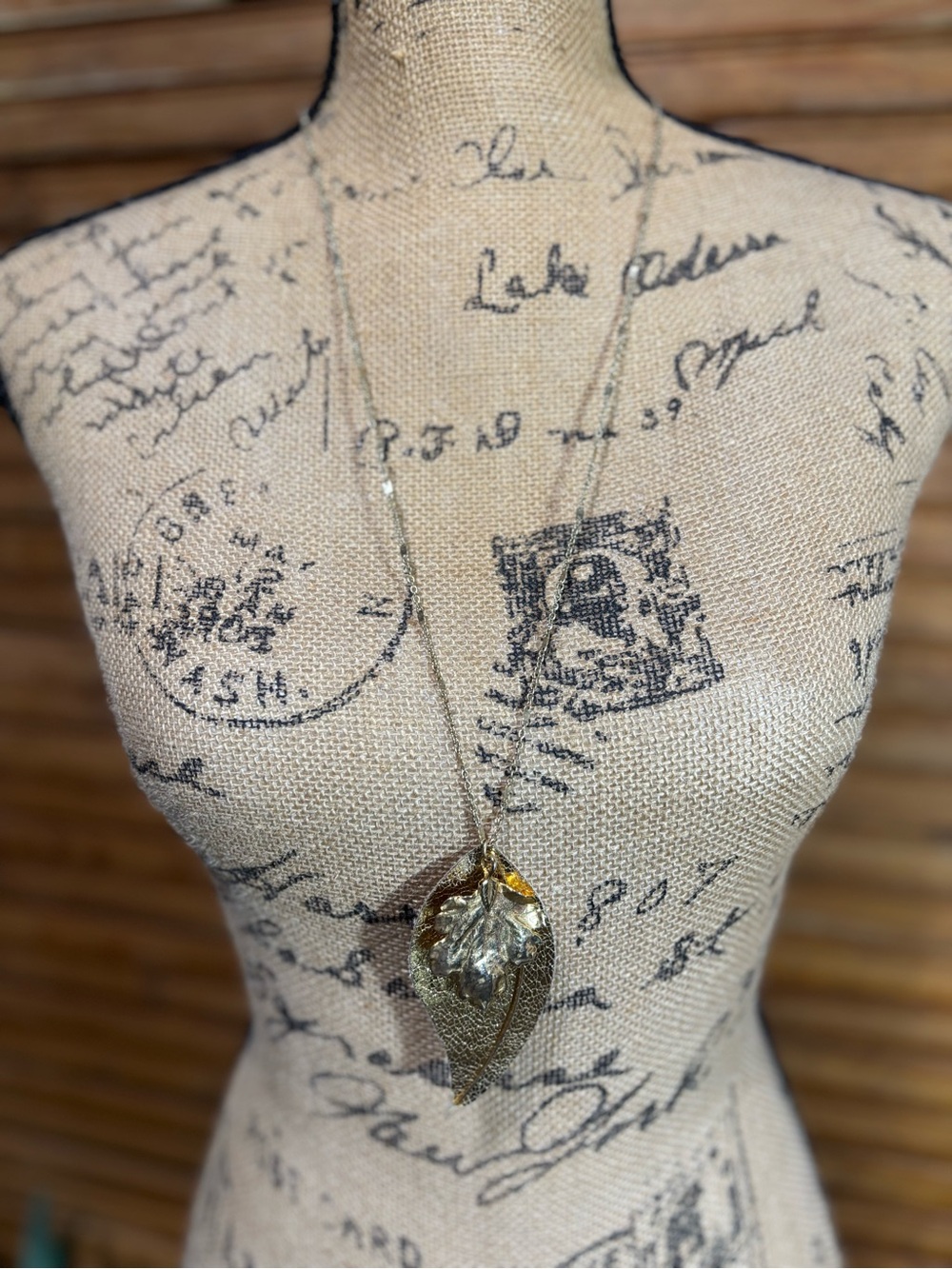 Gold Leaf Pendant Necklace with Crystal Accent - Women's Jewelry